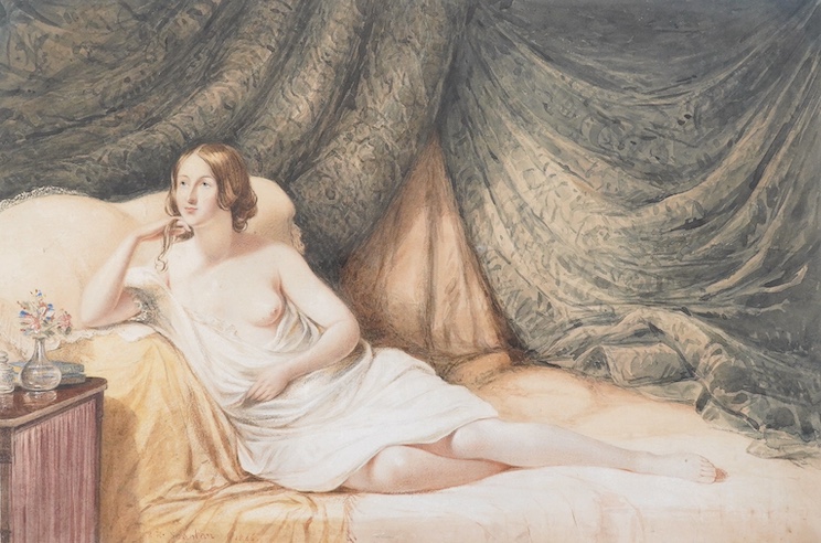 Robert Scanlan (fl. 1832-1876), watercolour, Reclining semi-nude woman, signed and dated 1866, 25 x 38cm. Condition - good